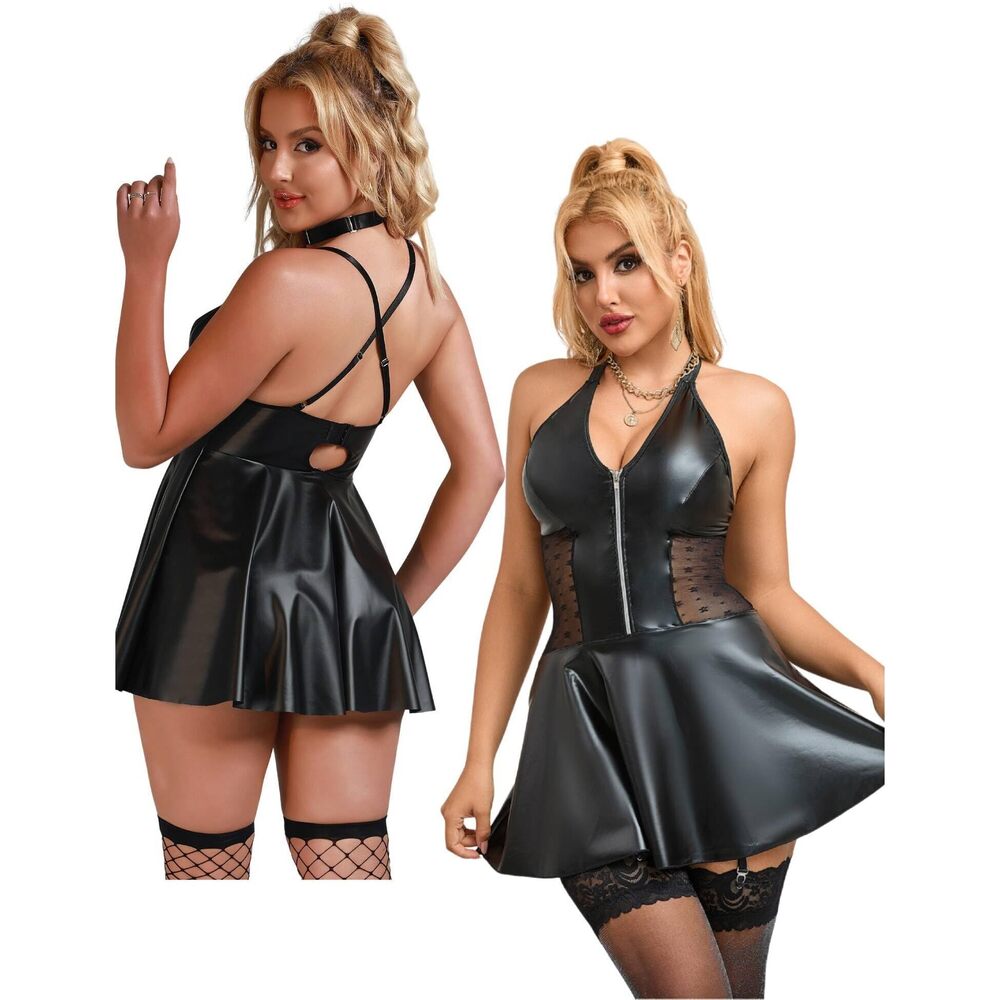 7624 Faux Leather Lingerie Set Plus Size PU Lingerie V Neck Backless